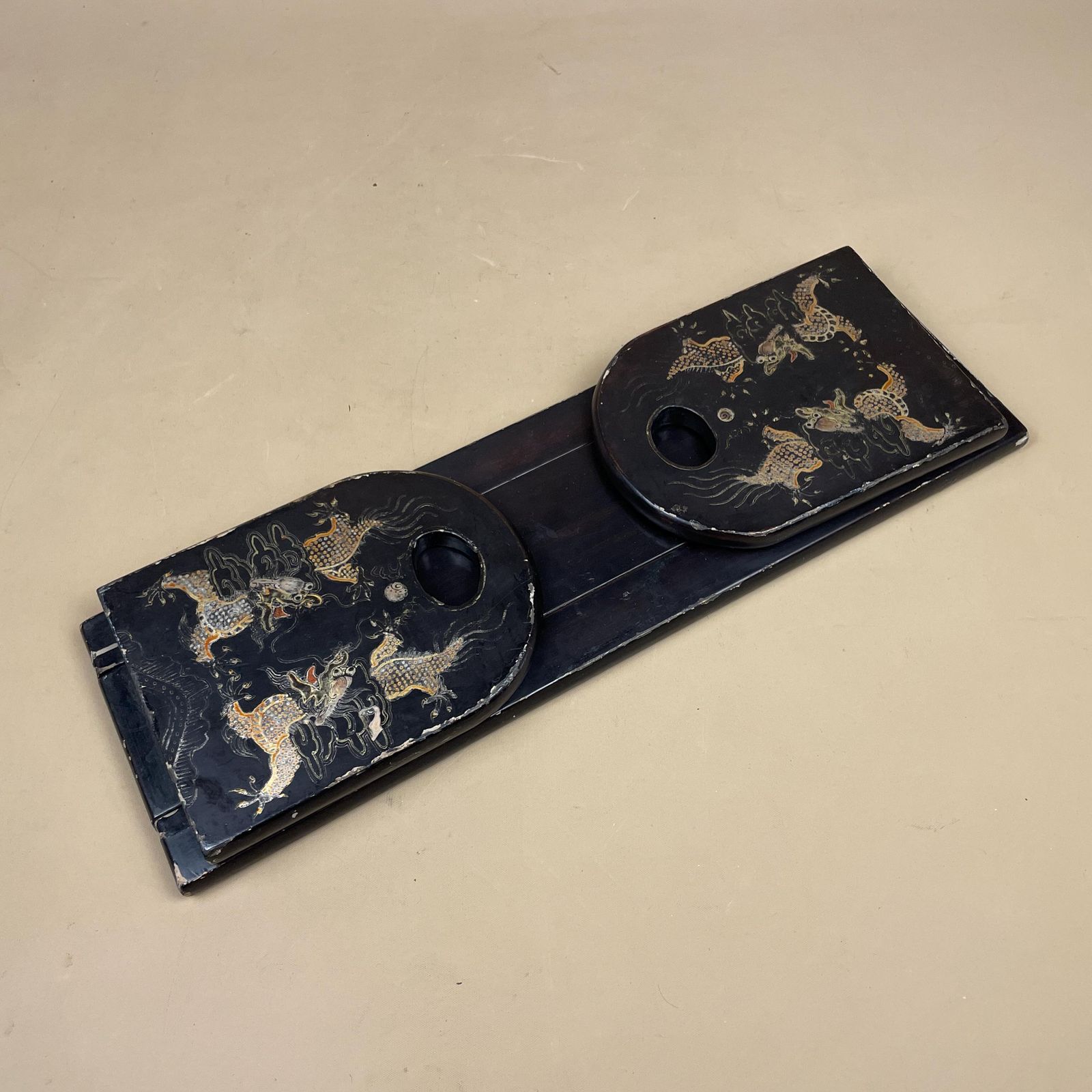 Antique Handmade Oriental Chinese Wooden Book Slide Ends Wood Carved Fold Away Vintage Bookends Adjustable Hand Painted Black Gold China photo furniture
