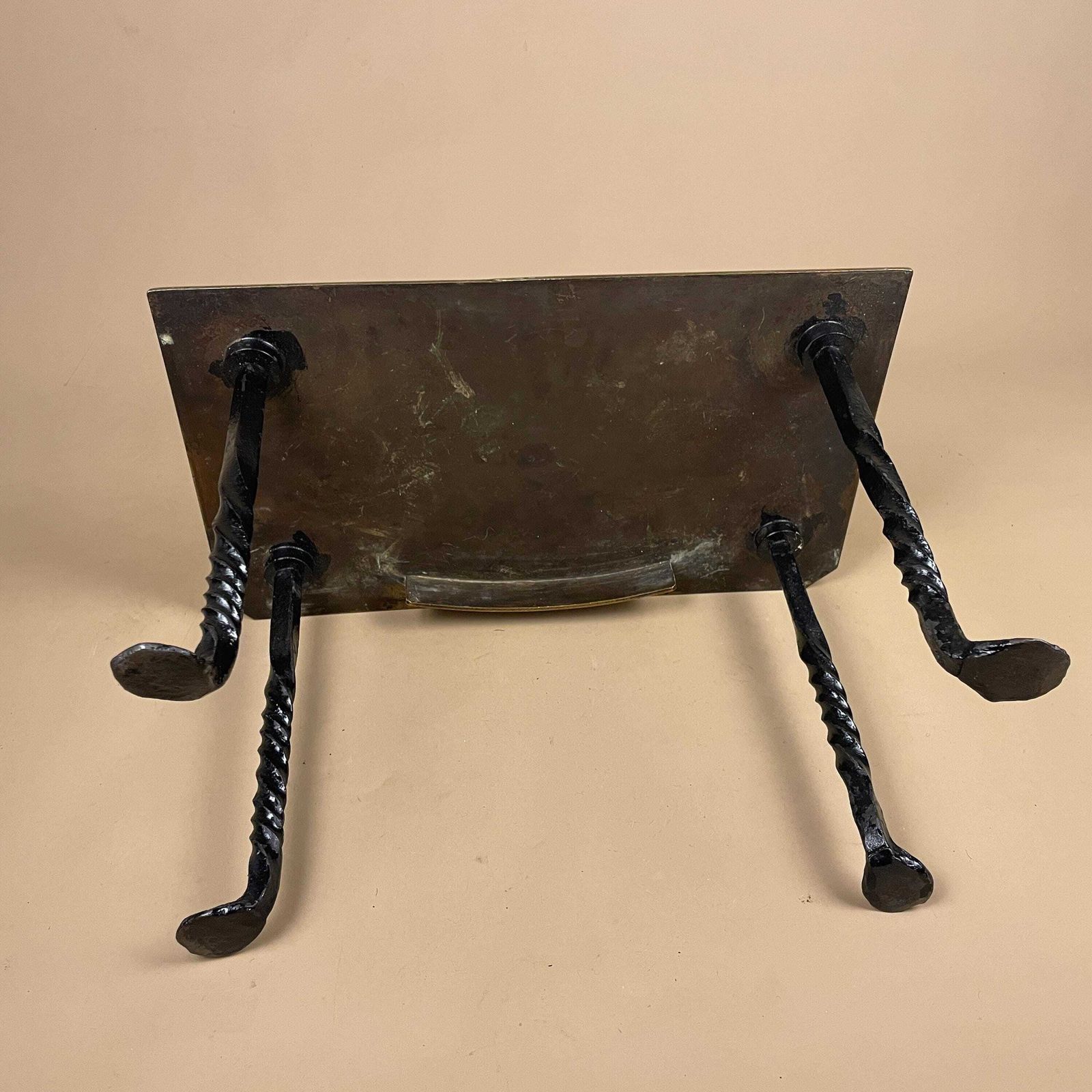 photo for sale Antique Footman Trivet Brass Gold Rectangle Plant Stand Metal Vintage Old 4 Legs Fire Side Engraved Black Twisted Art Nouveau Solid