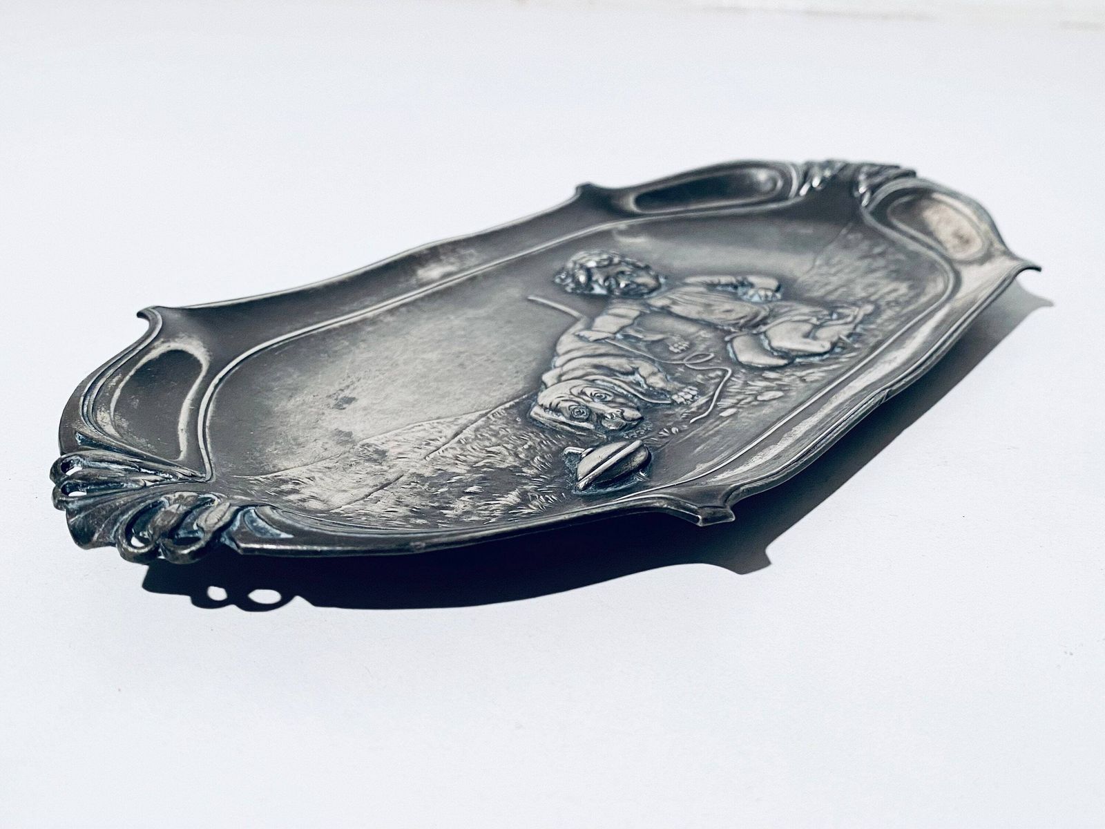 Wmf Art Nouveau Pewter Plate Tray With Child Playing With Dog Motif / 1910s photo for sale