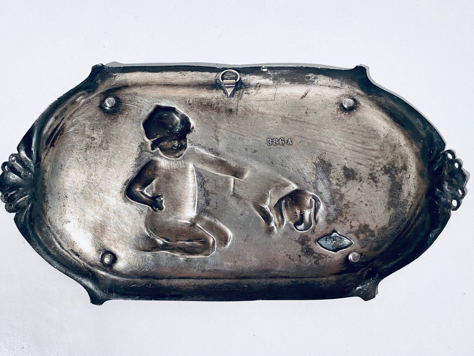 photo furniture Wmf Art Nouveau Pewter Plate Tray With Child Playing With Dog Motif / 1910s