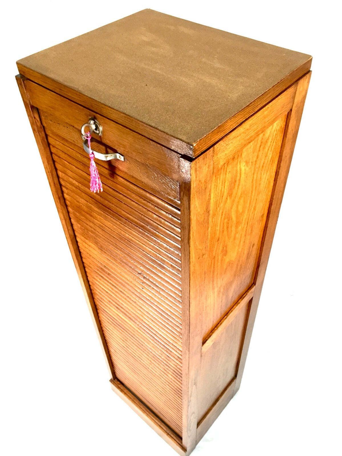Antique 1950s Wooden Oak Tambour Fronted Office Paper Filing Cabinet With Key photo 399.0