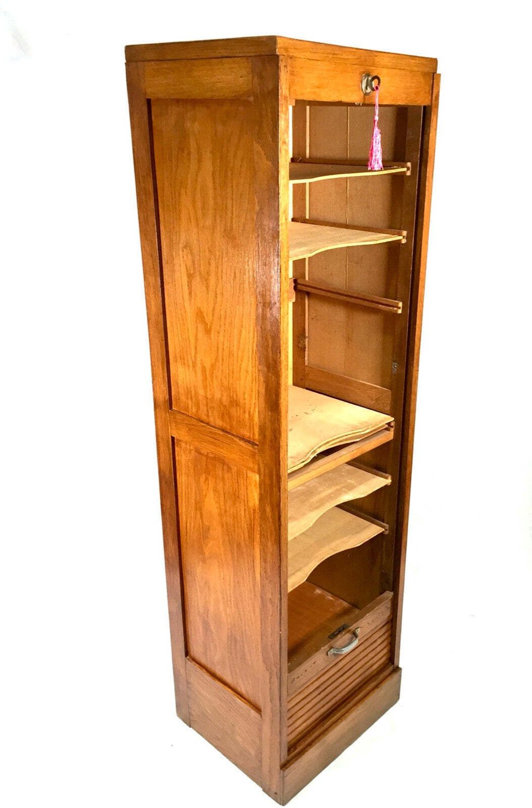 photo for sale Antique 1950s Wooden Oak Tambour Fronted Office Paper Filing Cabinet With Key