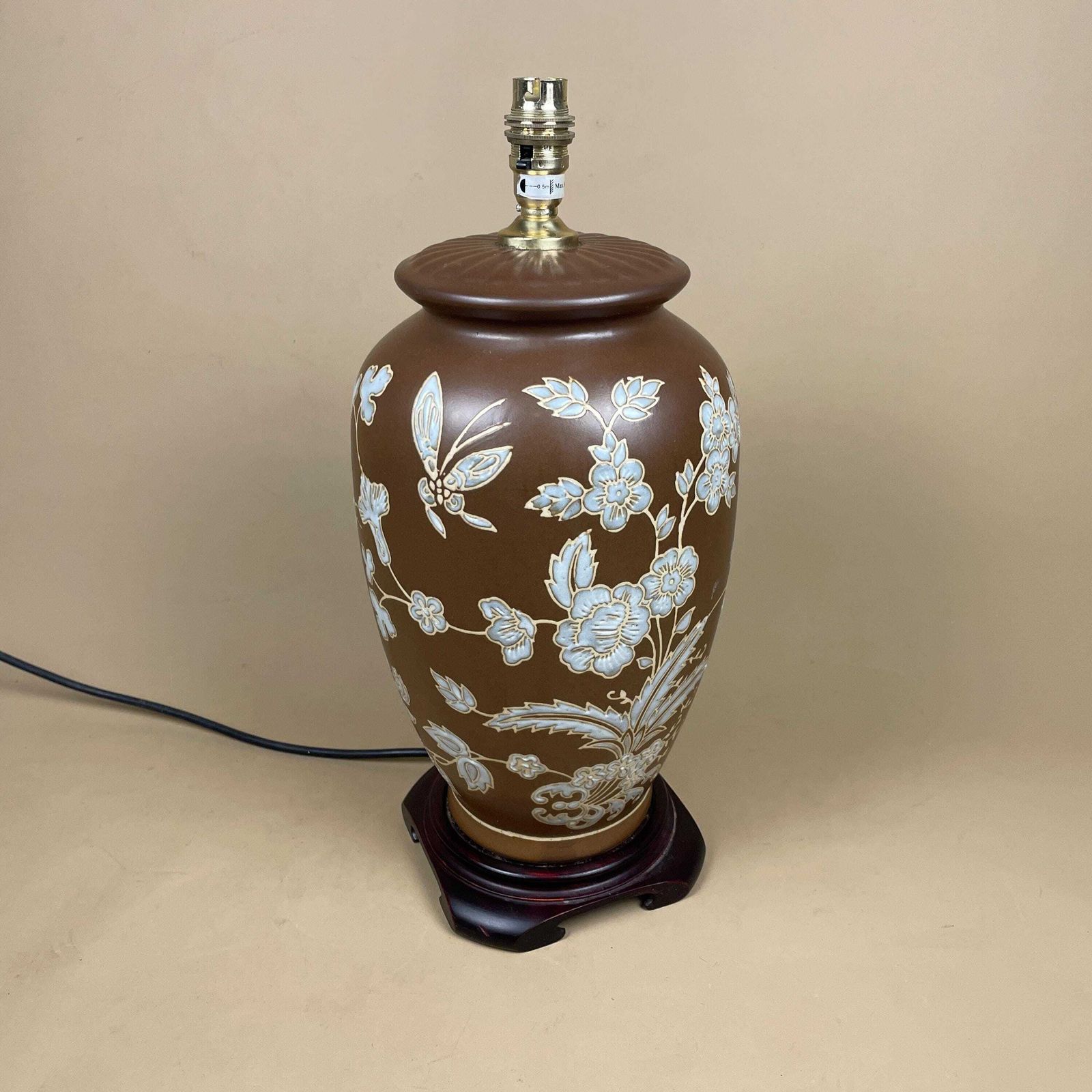 Vintage Ceramic Lamp Light Bedside Table Hand Painted Chinese Floral Design Pattern Wood Base Oriental Vase Brown Blue Ginger Jar
