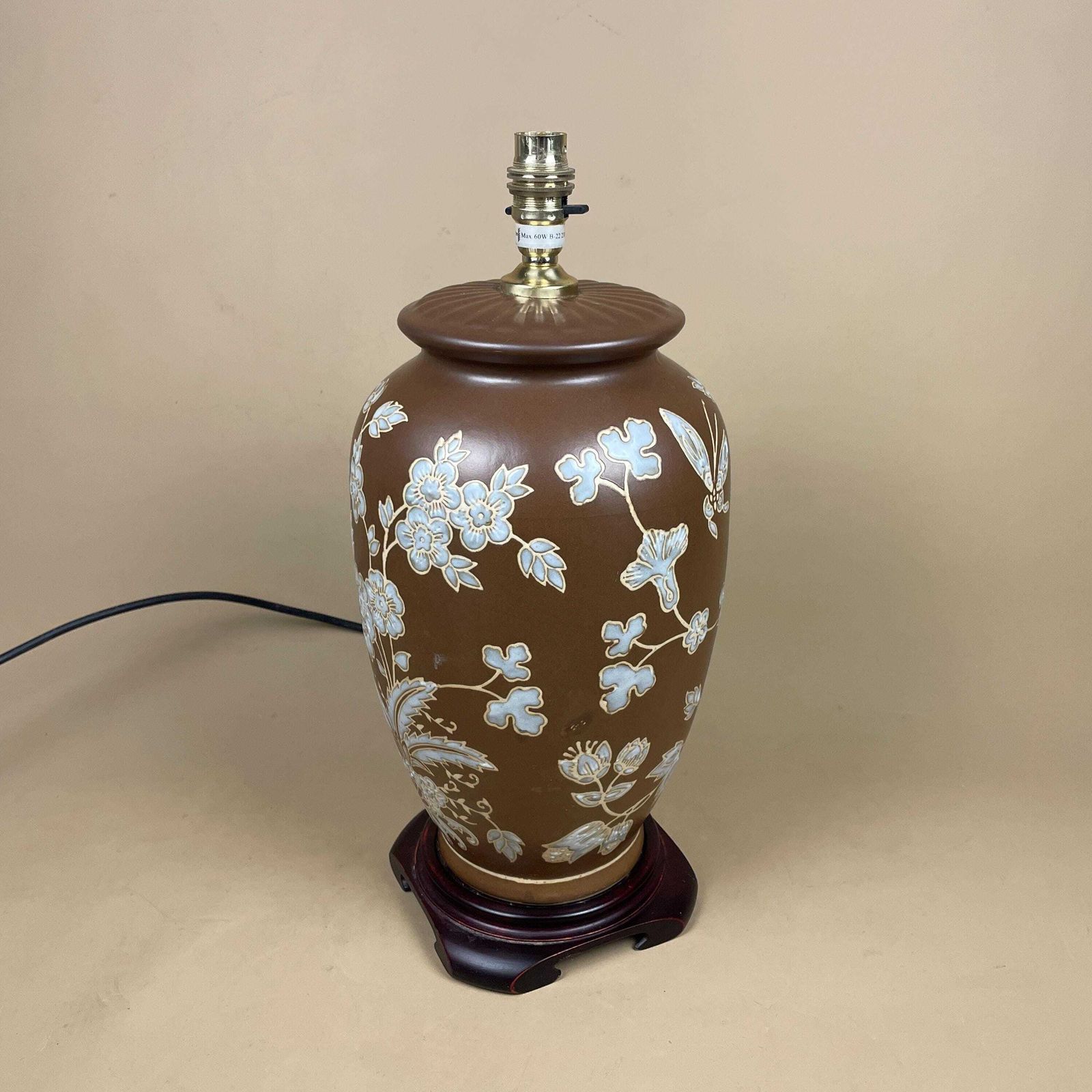 Vintage Ceramic Lamp Light Bedside Table Hand Painted Chinese Floral Design Pattern Wood Base Oriental Vase Brown Blue Ginger Jar photo 75.0