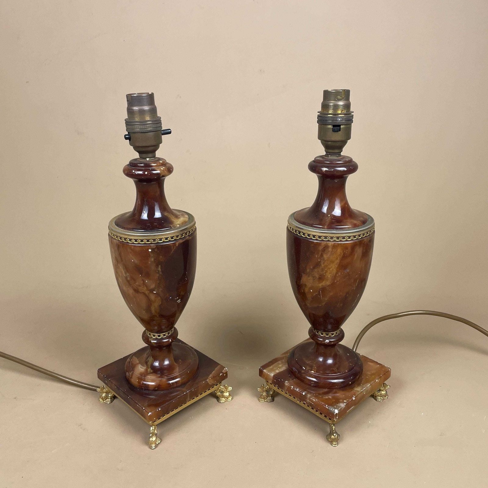 Pair Of 2 Antique Alabaster Marble Brass Metal Gold Lamp Light Bedside Side Table Marbled Patterned Vintage Stone Brown Bedside Fish Feet photo furniture