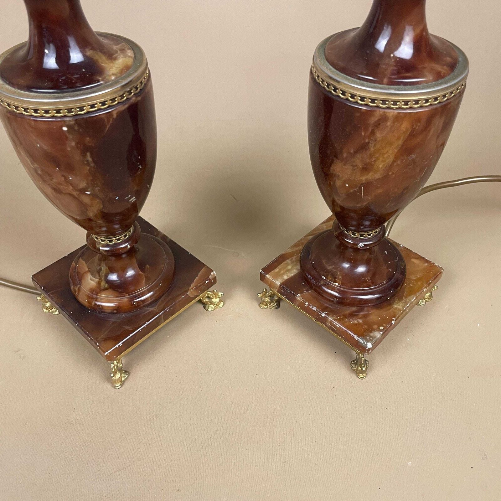 Pair Of 2 Antique Alabaster Marble Brass Metal Gold Lamp Light Bedside Side Table Marbled Patterned Vintage Stone Brown Bedside Fish Feet photo Lighting