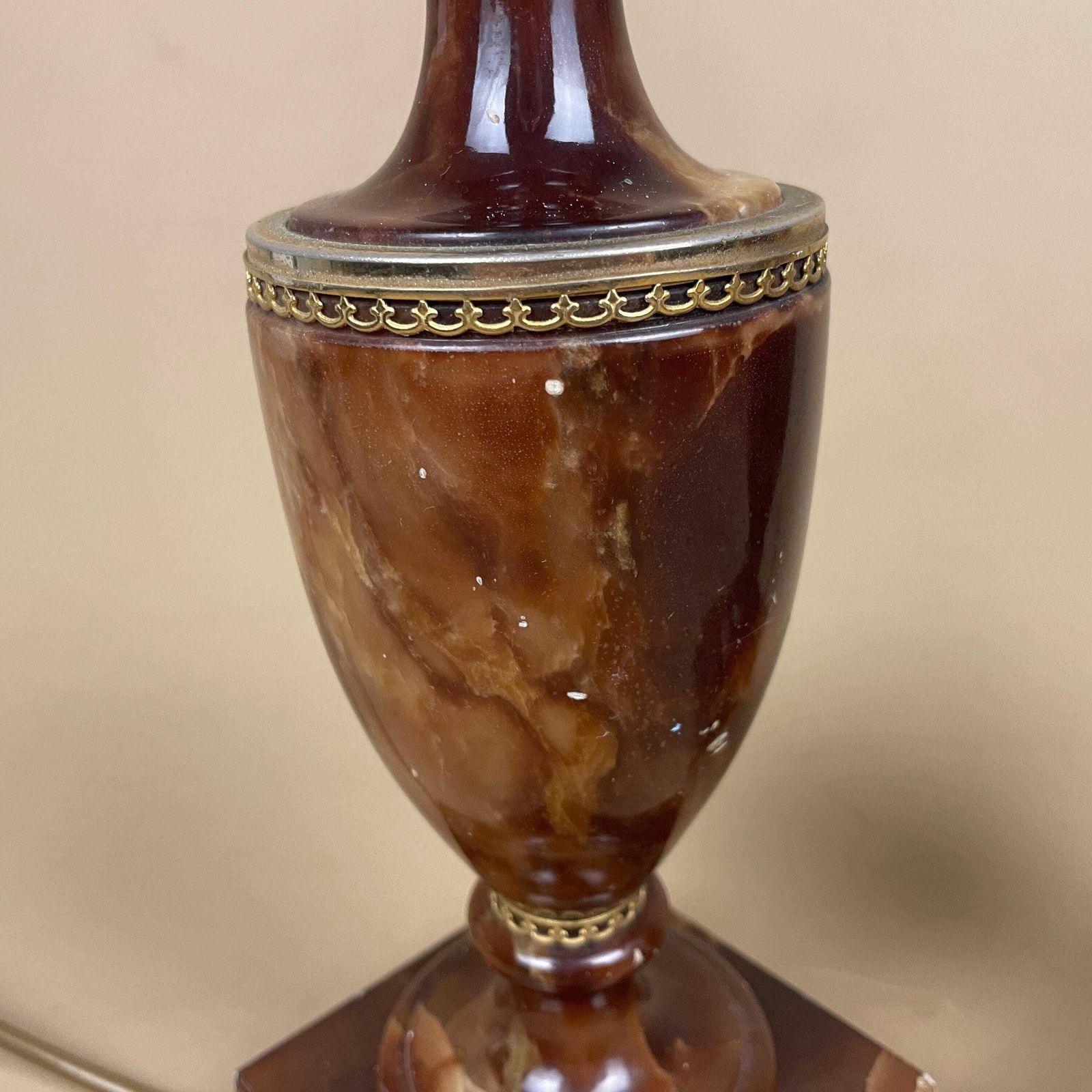 Pair Of 2 Antique Alabaster Marble Brass Metal Gold Lamp Light Bedside Side Table Marbled Patterned Vintage Stone Brown Bedside Fish Feet photo 119.0