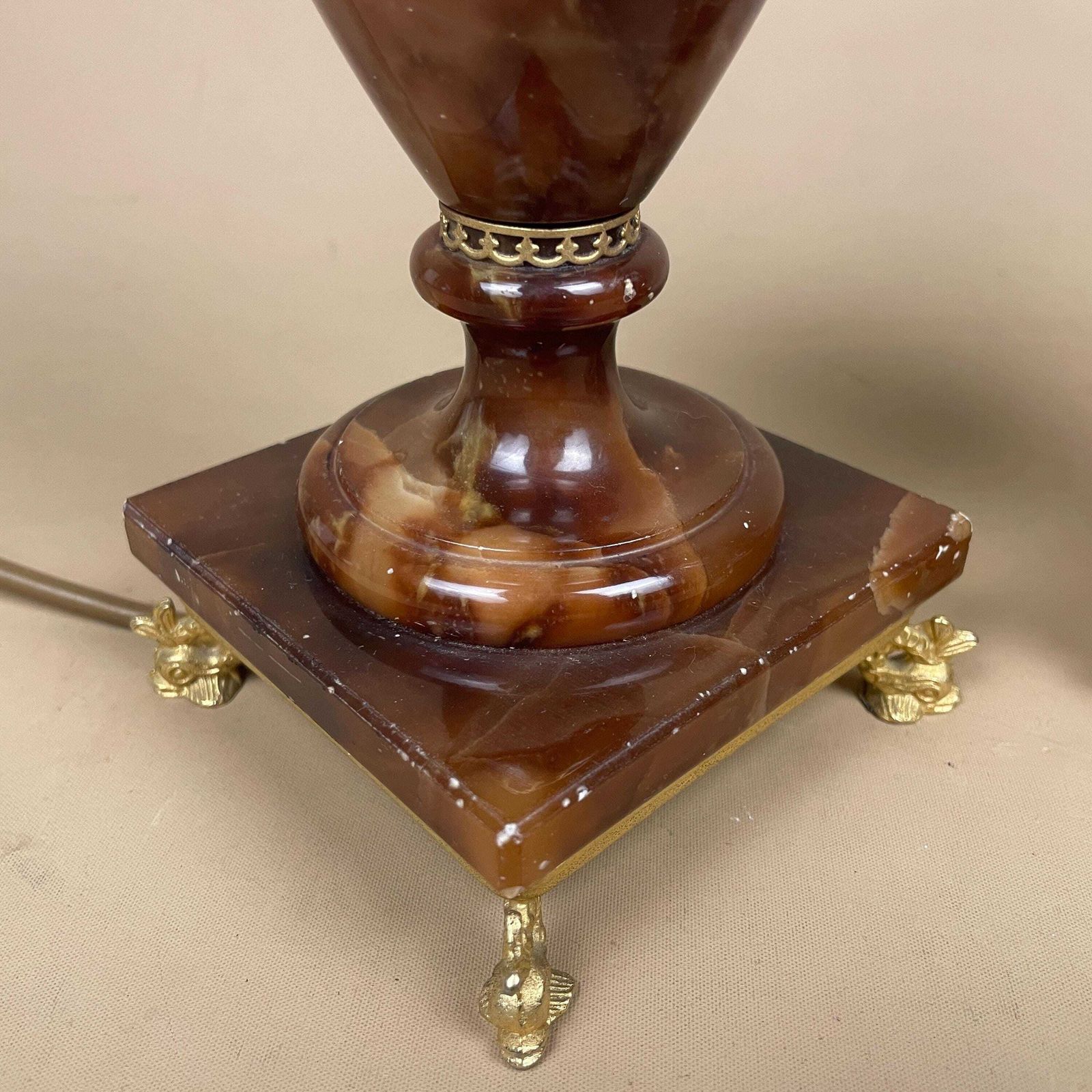 Pair Of 2 Antique Alabaster Marble Brass Metal Gold Lamp Light Bedside Side Table Marbled Patterned Vintage Stone Brown Bedside Fish Feet photo vinterior