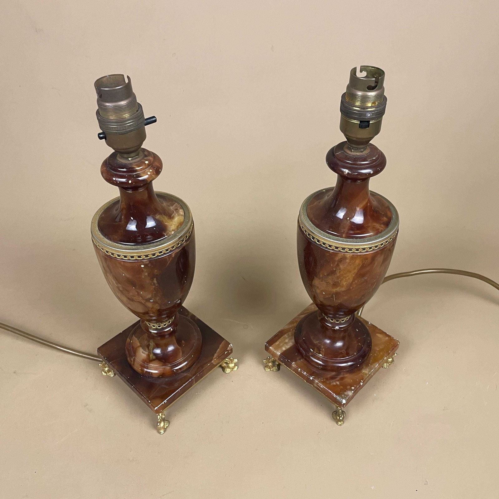 Pair Of 2 Antique Alabaster Marble Brass Metal Gold Lamp Light Bedside Side Table Marbled Patterned Vintage Stone Brown Bedside Fish Feet photo vintage