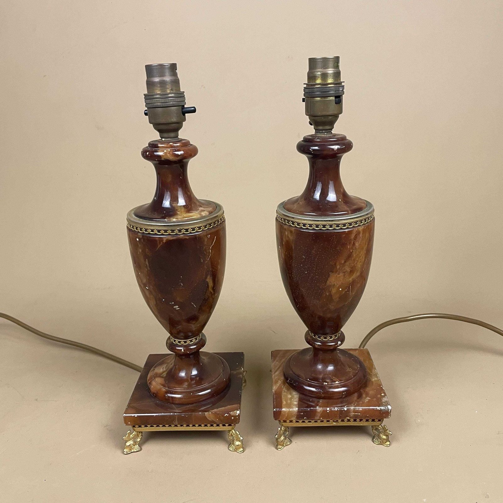 photo for sale Pair Of 2 Antique Alabaster Marble Brass Metal Gold Lamp Light Bedside Side Table Marbled Patterned Vintage Stone Brown Bedside Fish Feet
