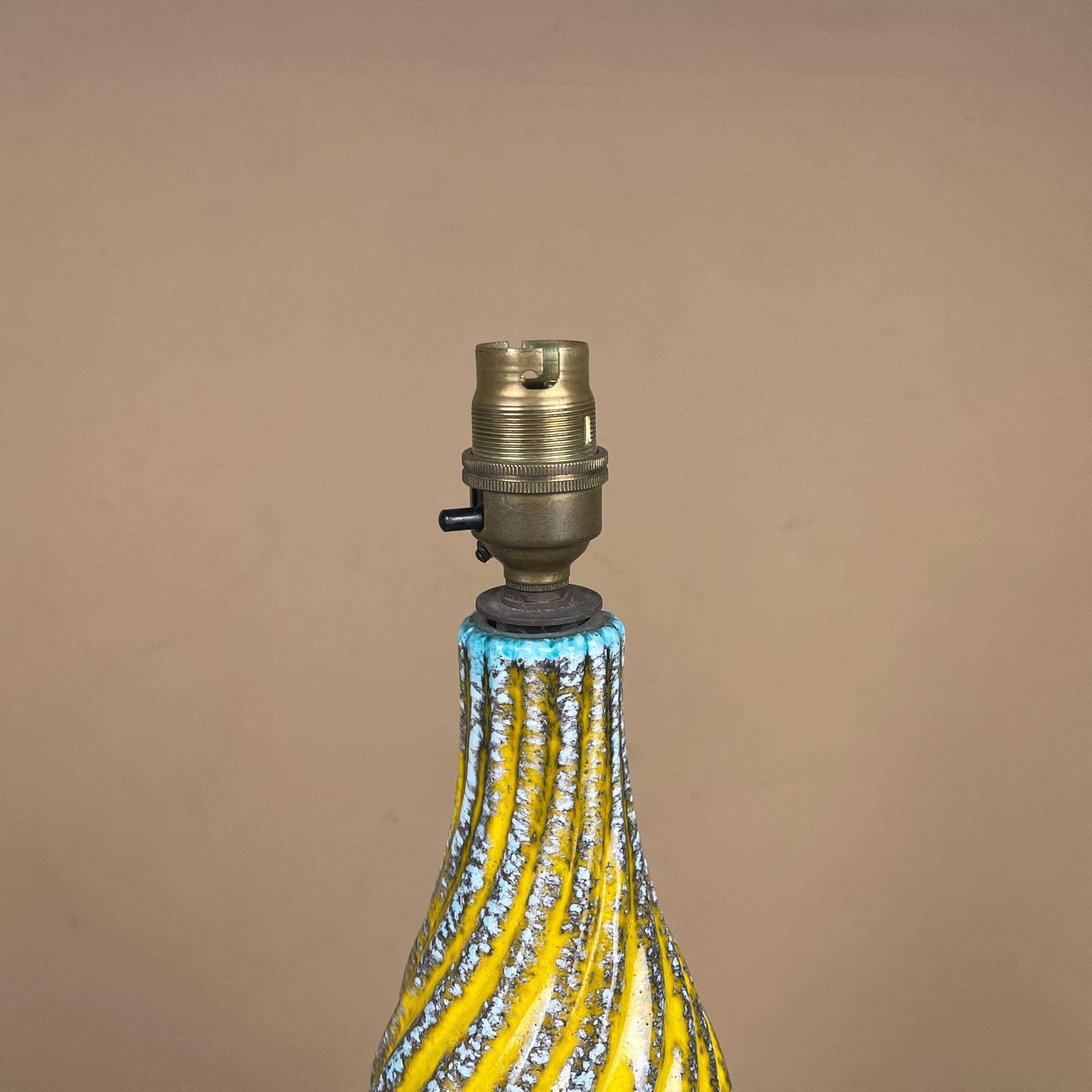 Large Vintage Ceramic Lamp Light Bedside Table Hand Painted Glaze Design Pattern Vase Yellow Blue Twisted Twist Pottery Handmade Studio Clay photo 269.0