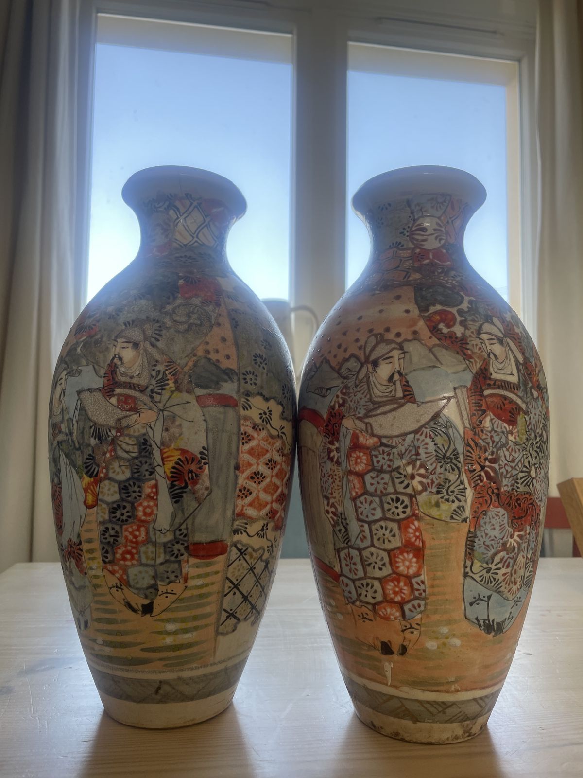 Pair Of Japanese Satsuma Hand Painted Vases – Decorative Oriental Figures photo buy