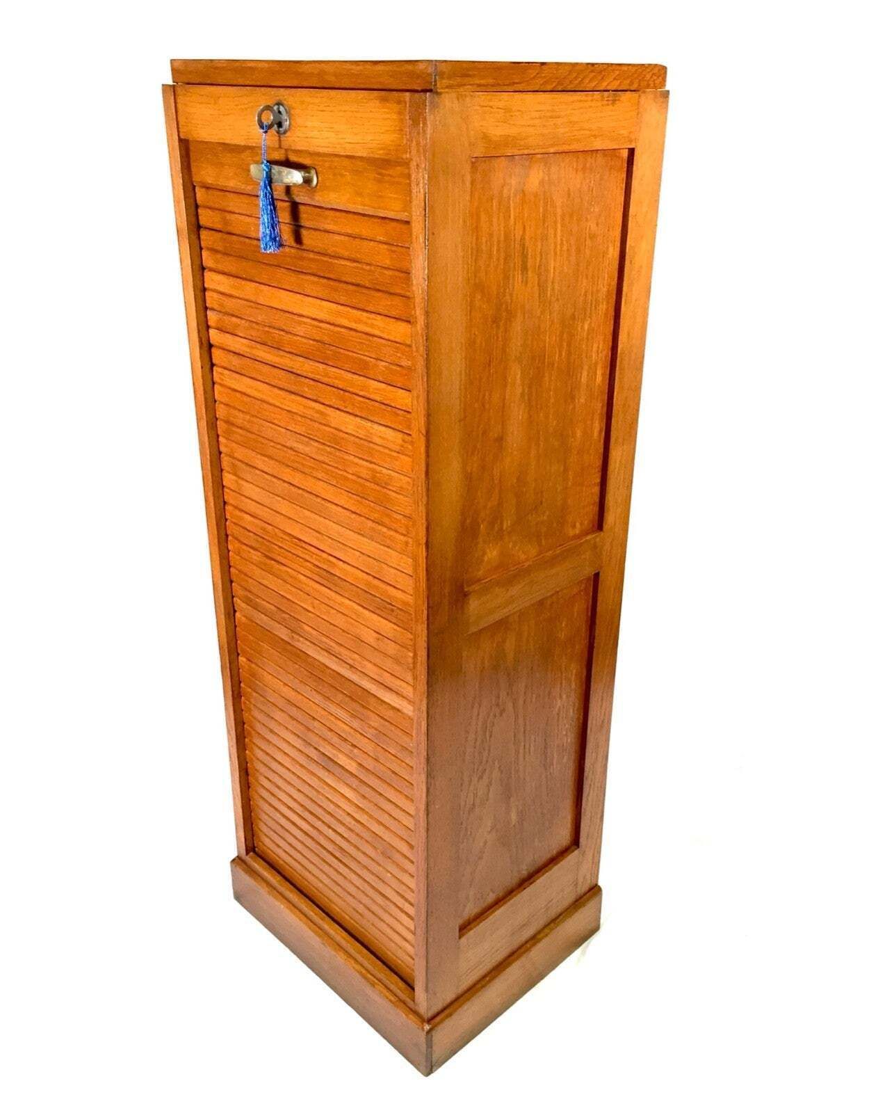 Antique 1950s Wooden Oak Tambour Fronted Office Paper Filing Cabinet With Key photo furniture