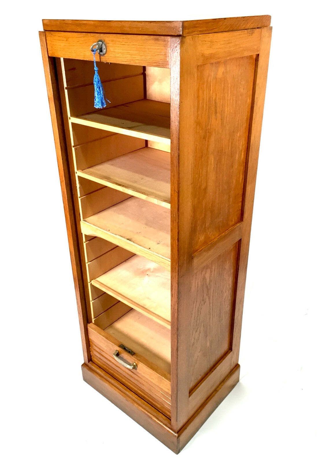 Antique 1950s Wooden Oak Tambour Fronted Office Paper Filing Cabinet With Key photo buy