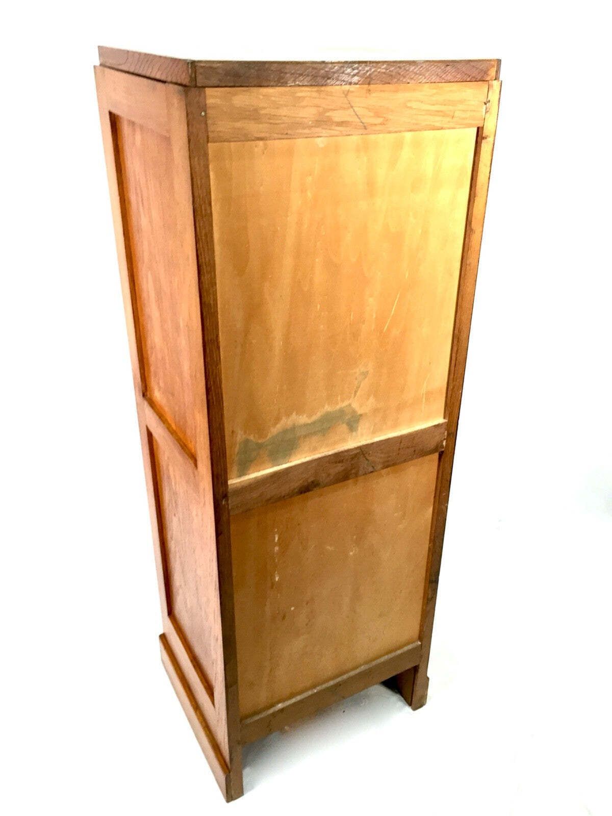 Antique 1950s Wooden Oak Tambour Fronted Office Paper Filing Cabinet With Key photo vintage