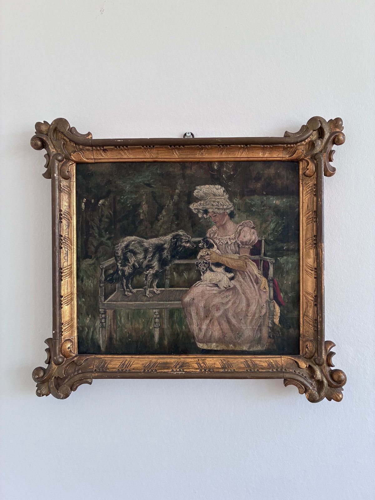 Antiek Olieverfschilderij Van Een Vrouw Met Honden In Het Park, Ca. 1880