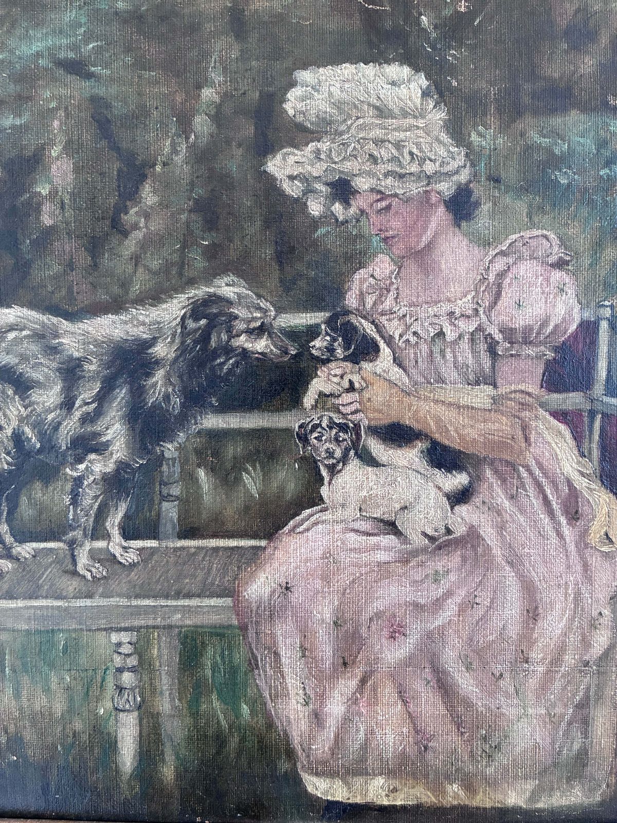 Antiek Olieverfschilderij Van Een Vrouw Met Honden In Het Park, Ca. 1880 photo furniture