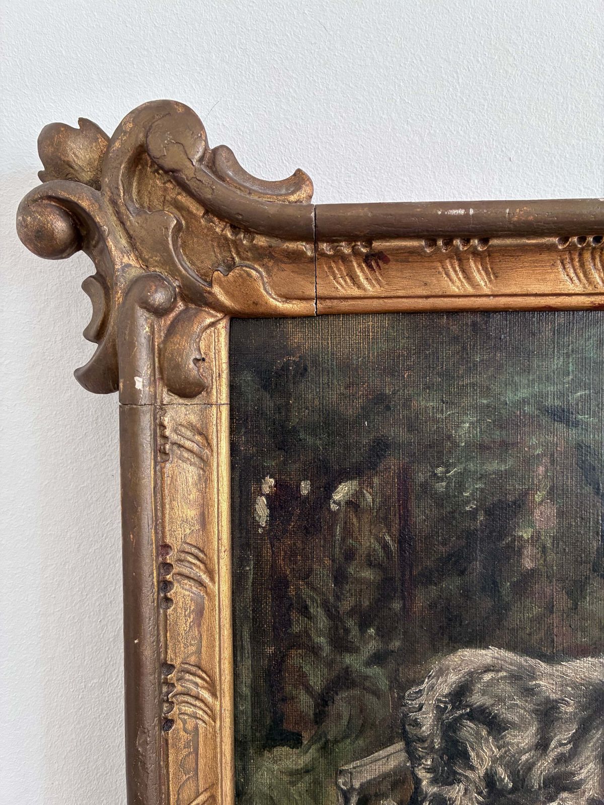 photo for sale Antiek Olieverfschilderij Van Een Vrouw Met Honden In Het Park, Ca. 1880
