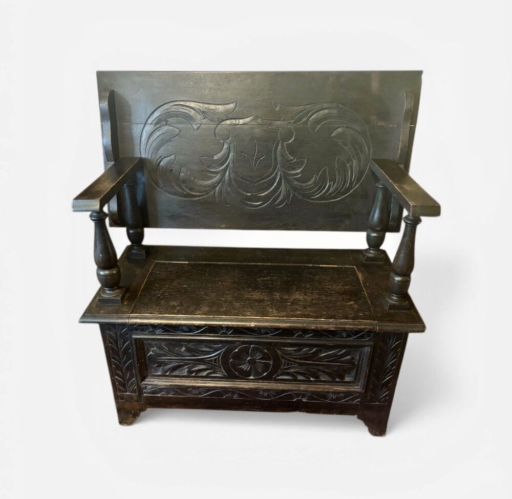 Small Carved Oak Monk’s Bench.