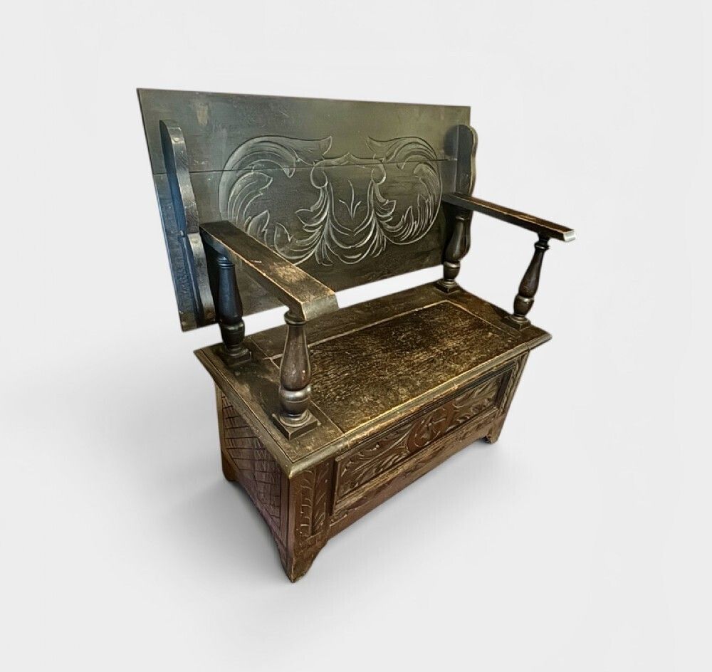 Small Carved Oak Monk’s Bench. photo for sale
