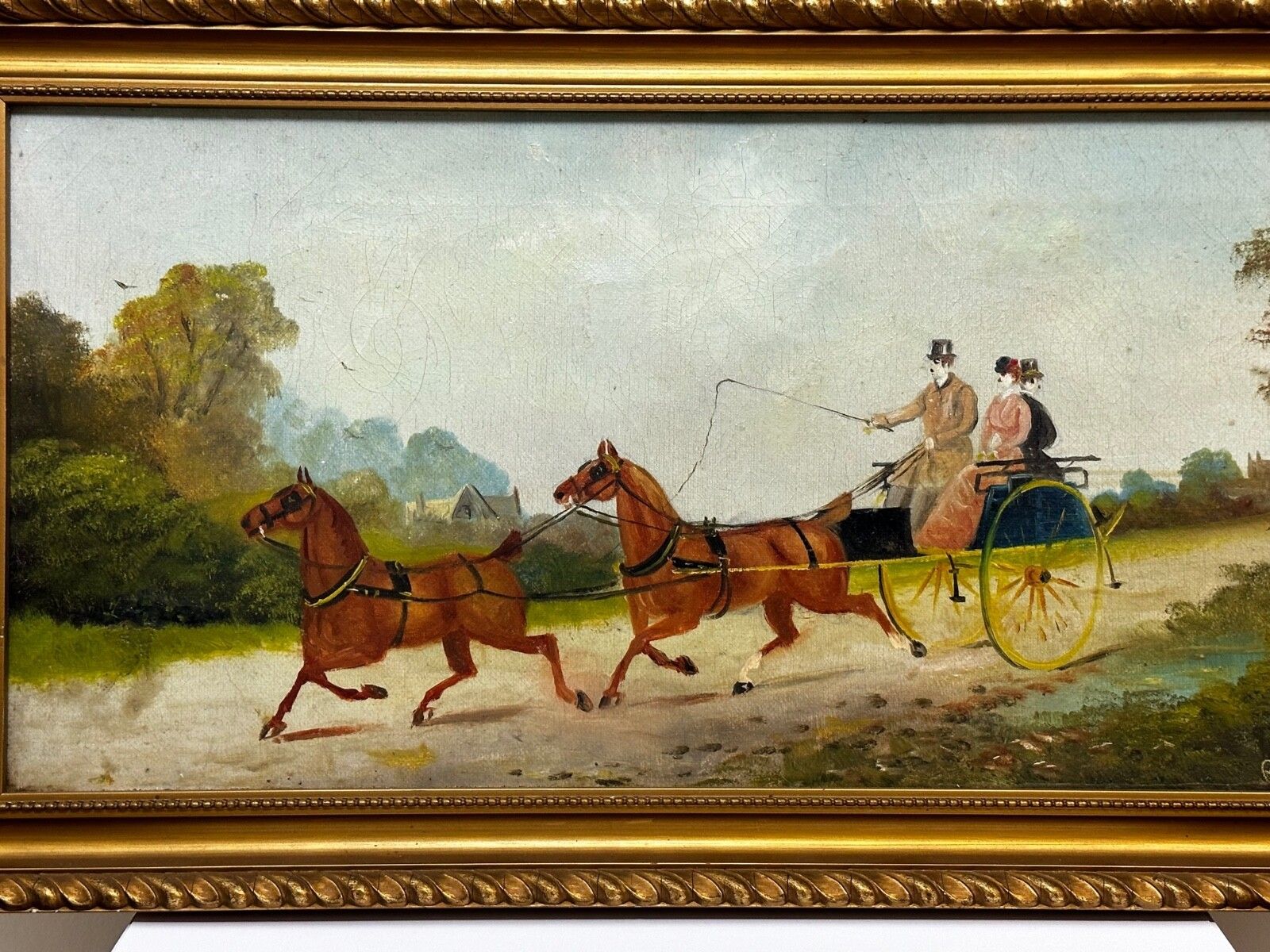 Edwardian Oil Painting Horses & Carriage Coachman Riders Signed Philip H Rideout photo for sale