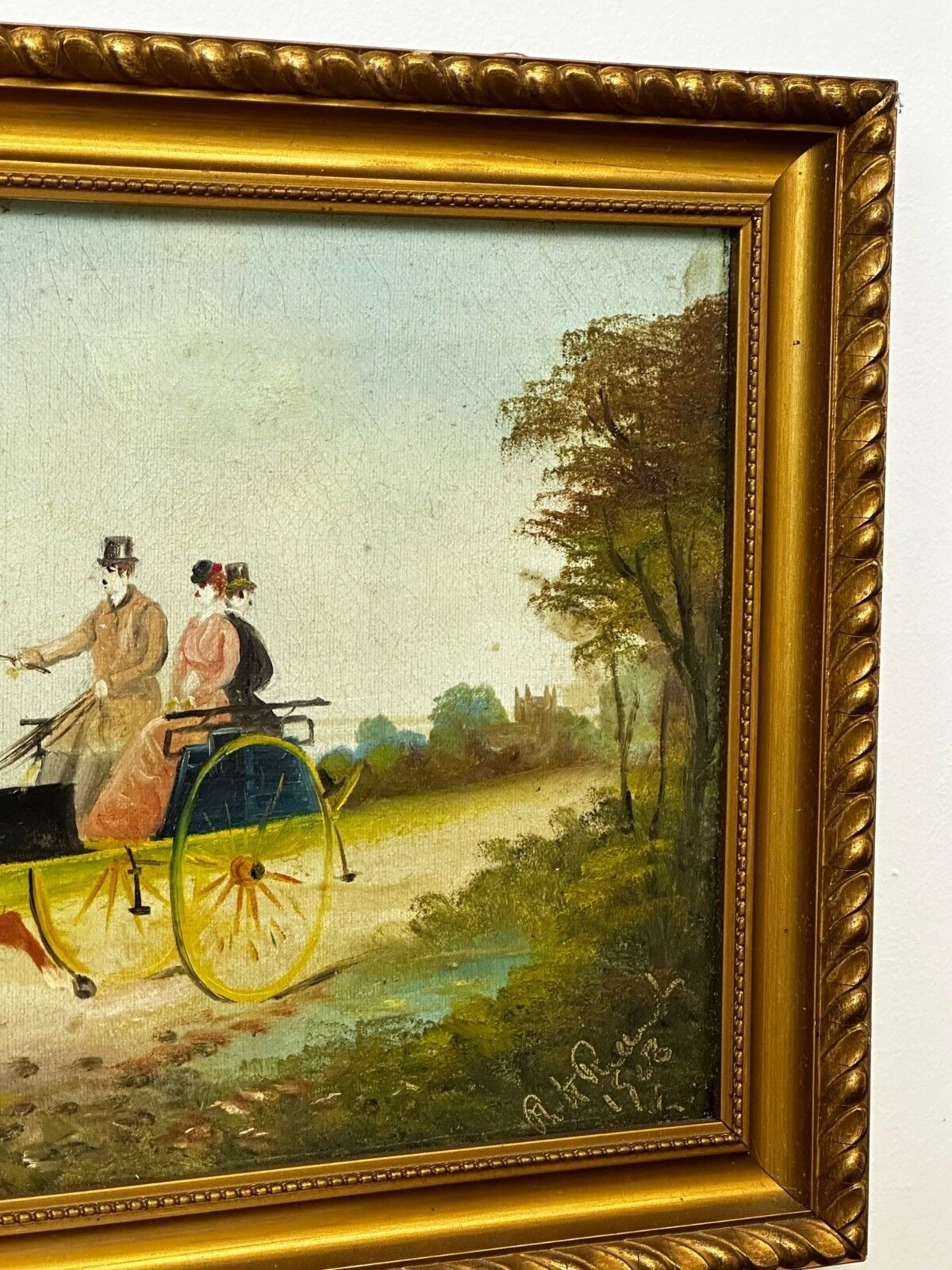 Edwardian Oil Painting Horses & Carriage Coachman Riders Signed Philip H Rideout photo Art