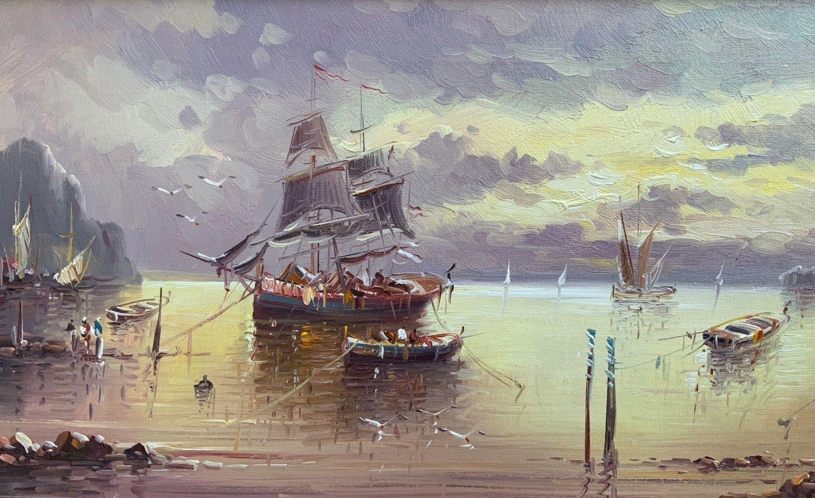 Stunning Moonlit Harbour Seascape Oil Painting Contemporary Post Impressionist photo 299.0