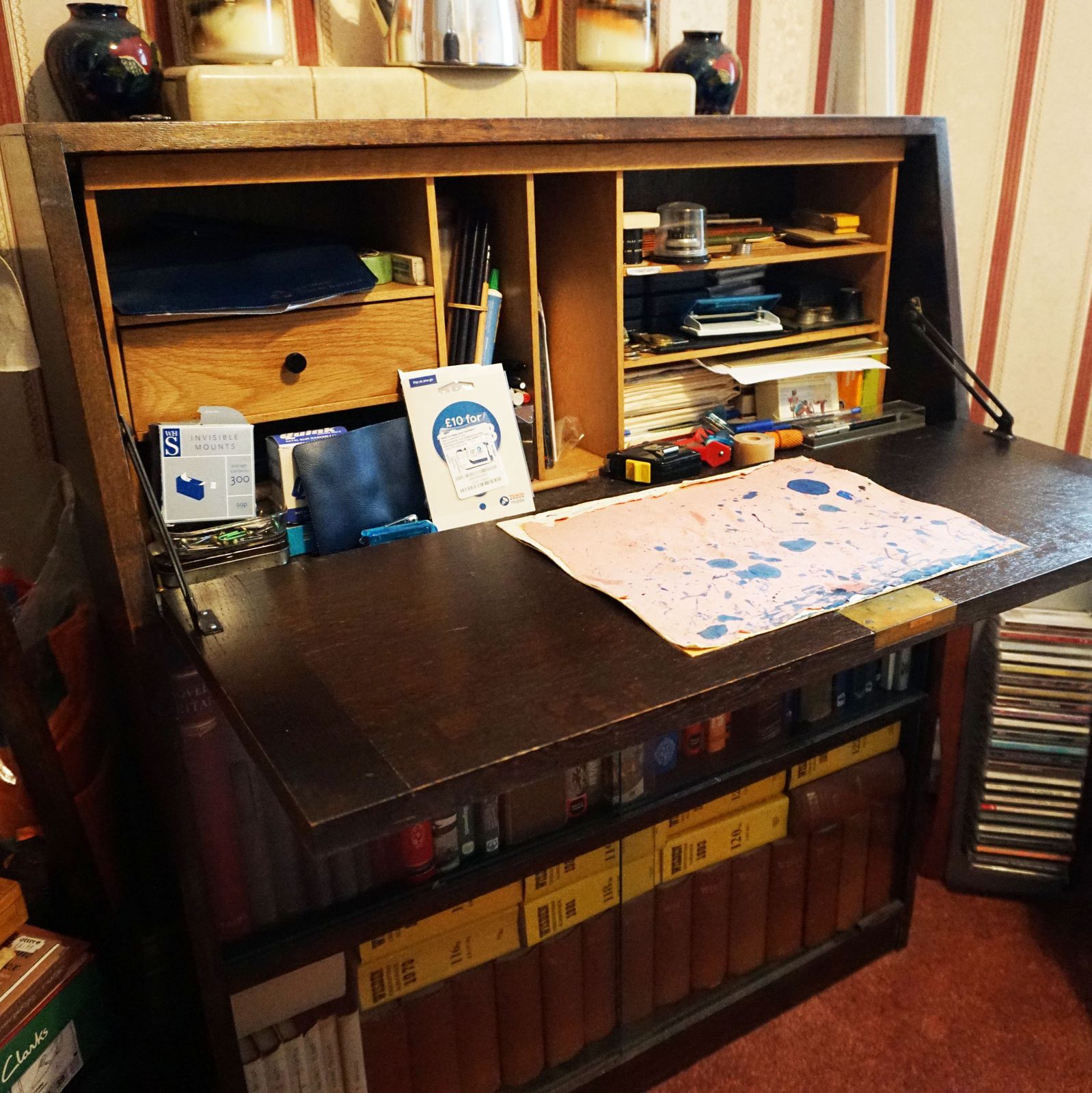 Mid Century Oak Bureau With Glass Fronted Bookcase Lockable Desk Vintage photo Furniture