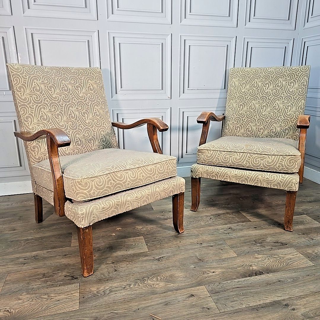 Pair Vintage Upholstered Armchairs Wooden Frame Scroll Arms Seats Chairs Deco