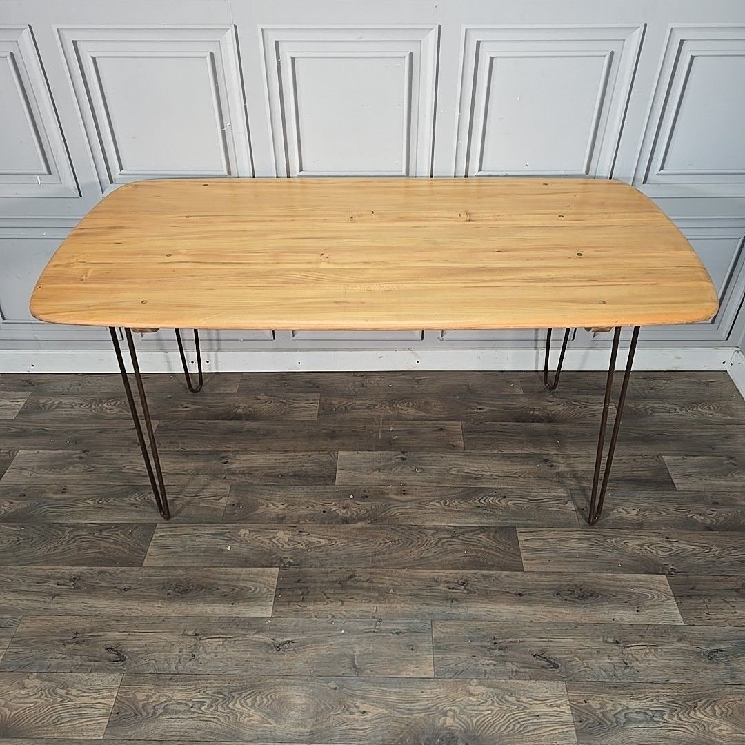 Furniture Vintage Ercol Dining Table Blonde Elm Top Hairpin Legs Retro Mid Century photo