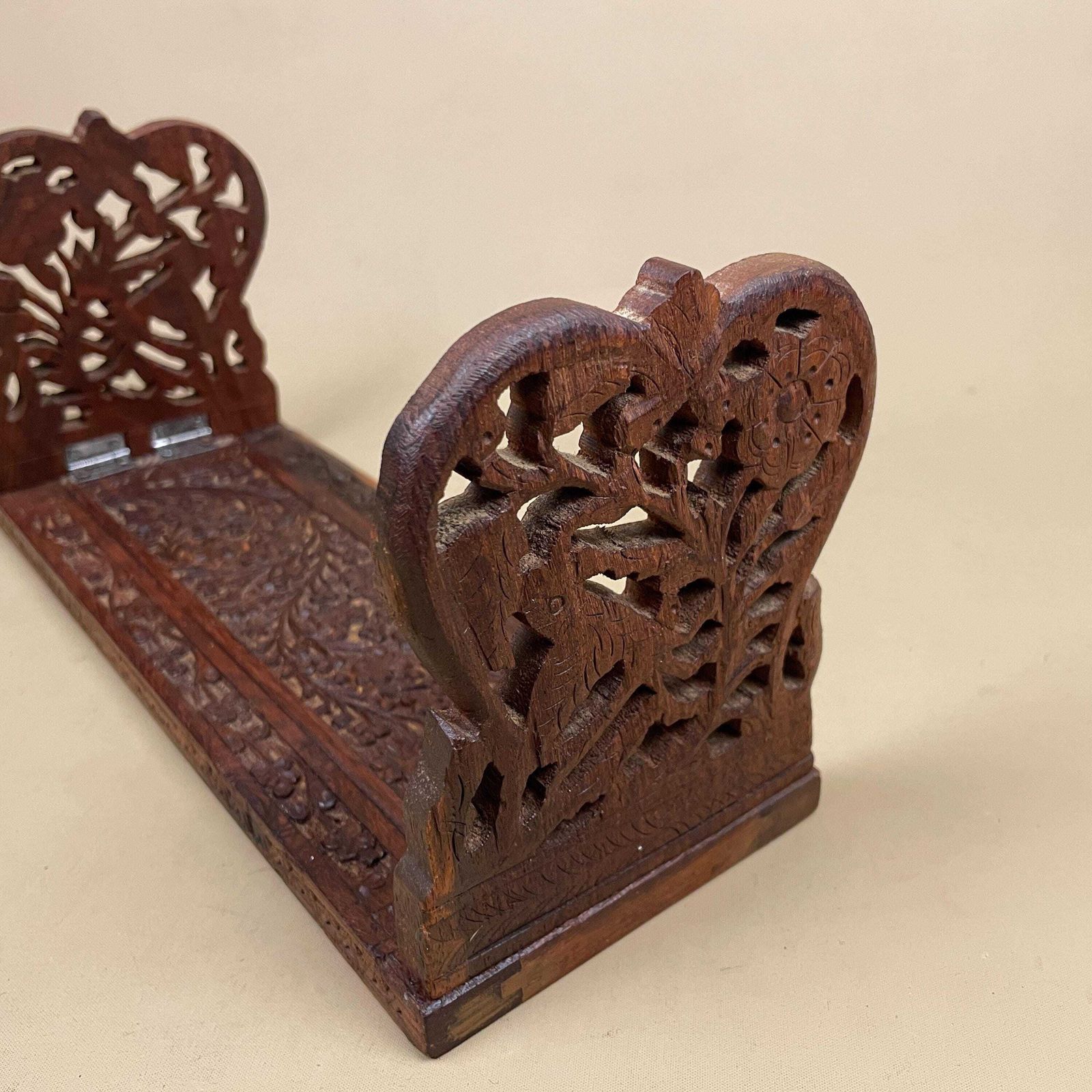 Antique Extending Book Slide Ends Anglo Indian Hand Carved Floral Victorian Style Shelf Display Library Novel Stand Adjustable photo vintage