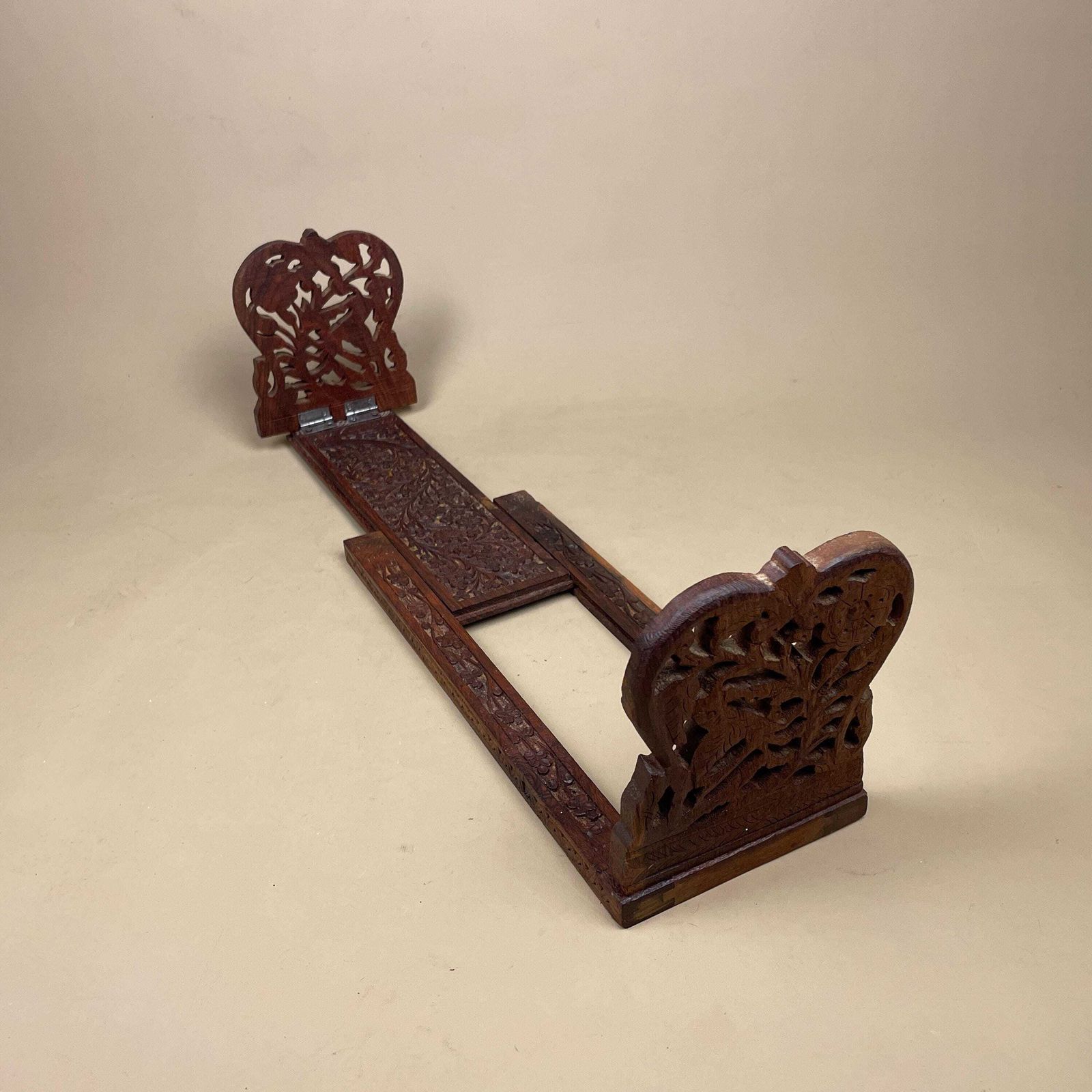 photo for sale Antique Extending Book Slide Ends Anglo Indian Hand Carved Floral Victorian Style Shelf Display Library Novel Stand Adjustable