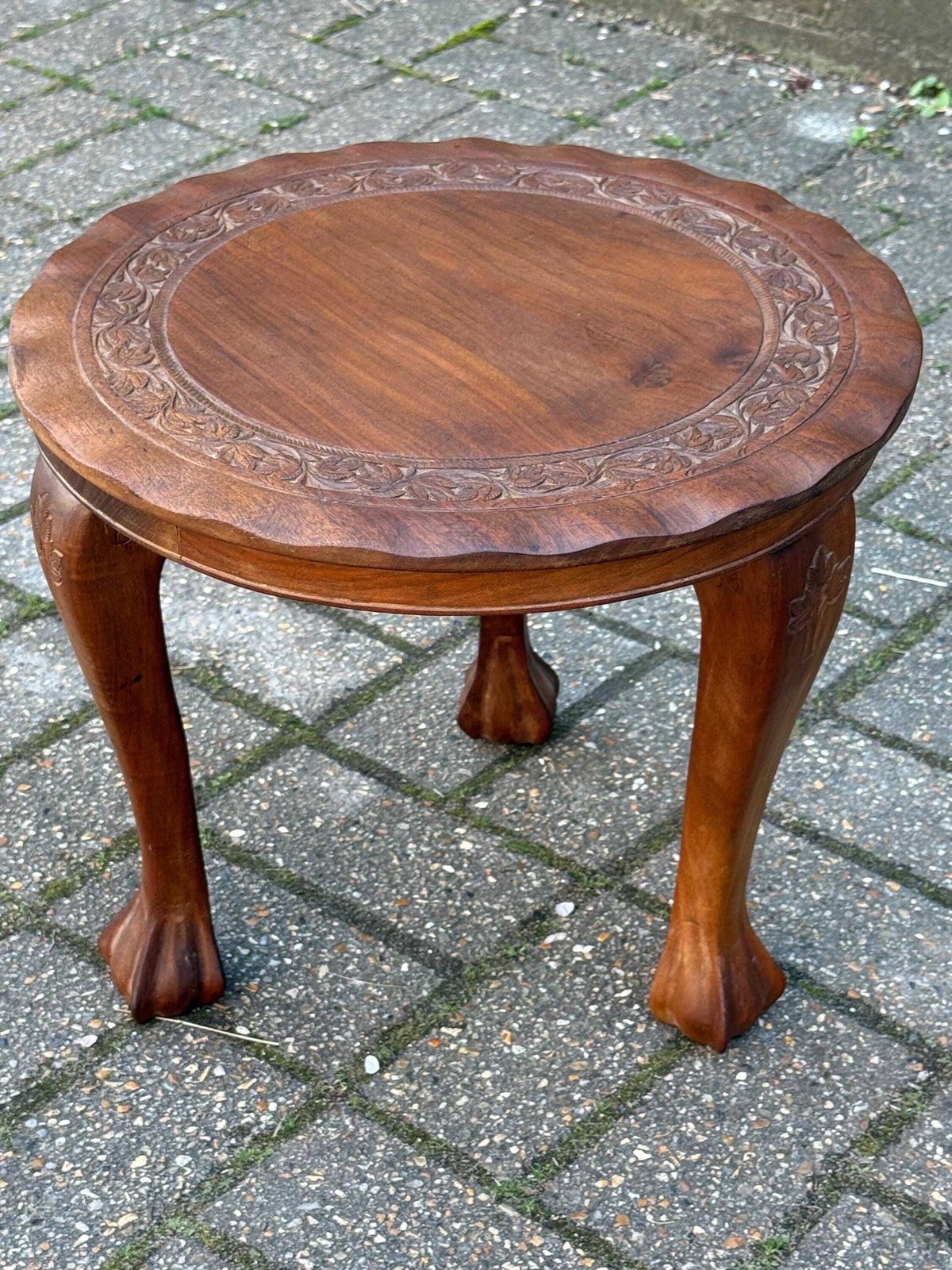 Vintage Low Round Wooden Stool Carved Foliate Design Rustic Side Table Decor photo furniture