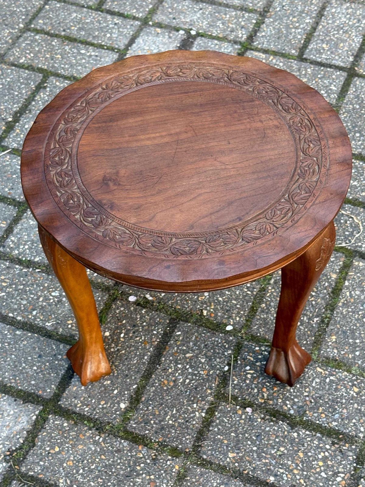 Furniture Vintage Low Round Wooden Stool Carved Foliate Design Rustic Side Table Decor photo