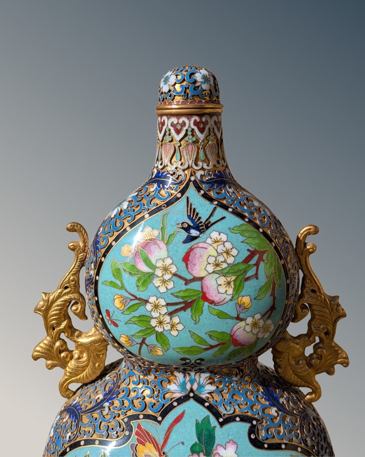 Chinese Cloisonne & Champleve Double Gourd Vase On Stand   Qing Period photo for sale