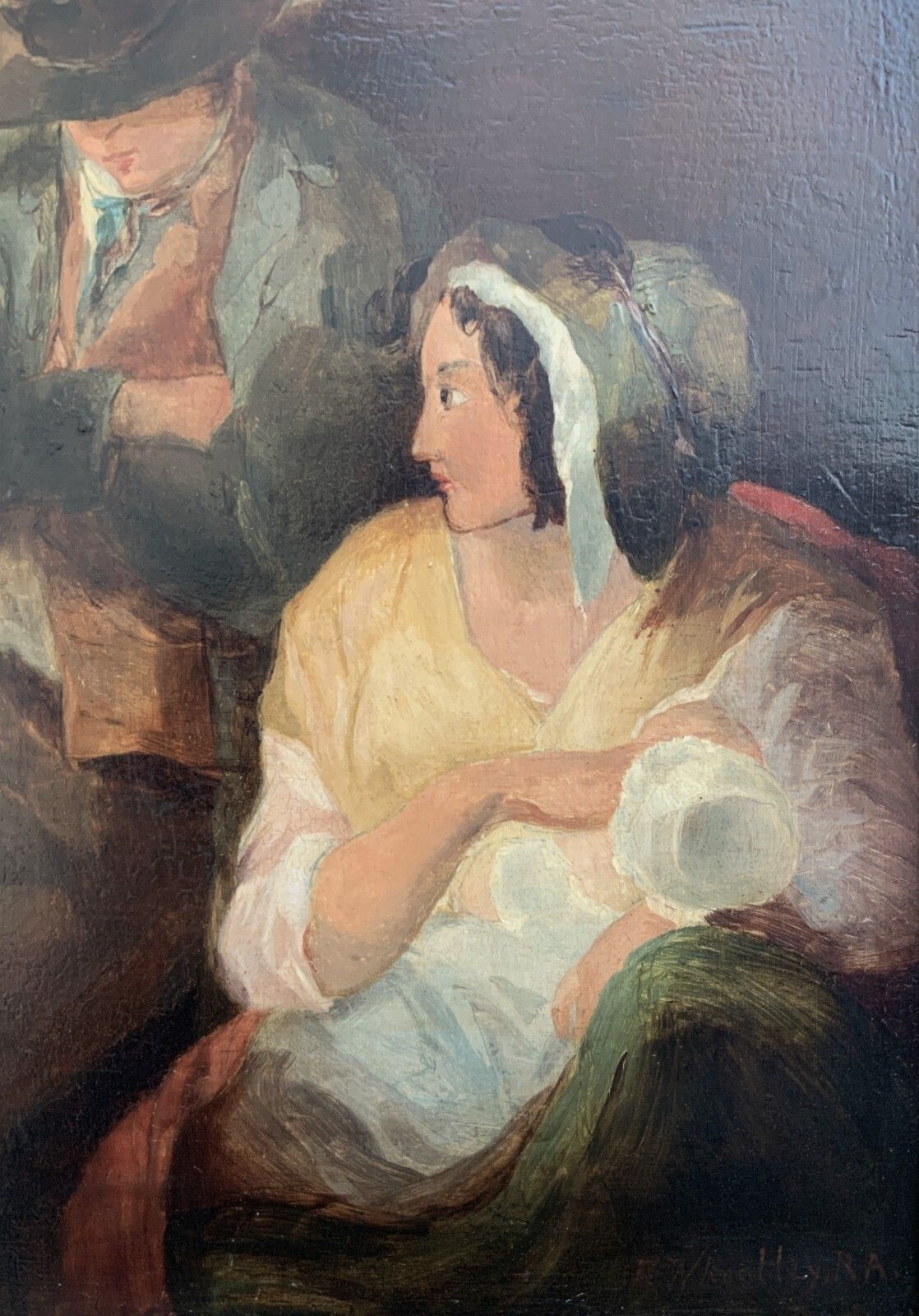 Victorian Genre Oil Portrait Painting Parents With Child Circa 1880 photo vintage