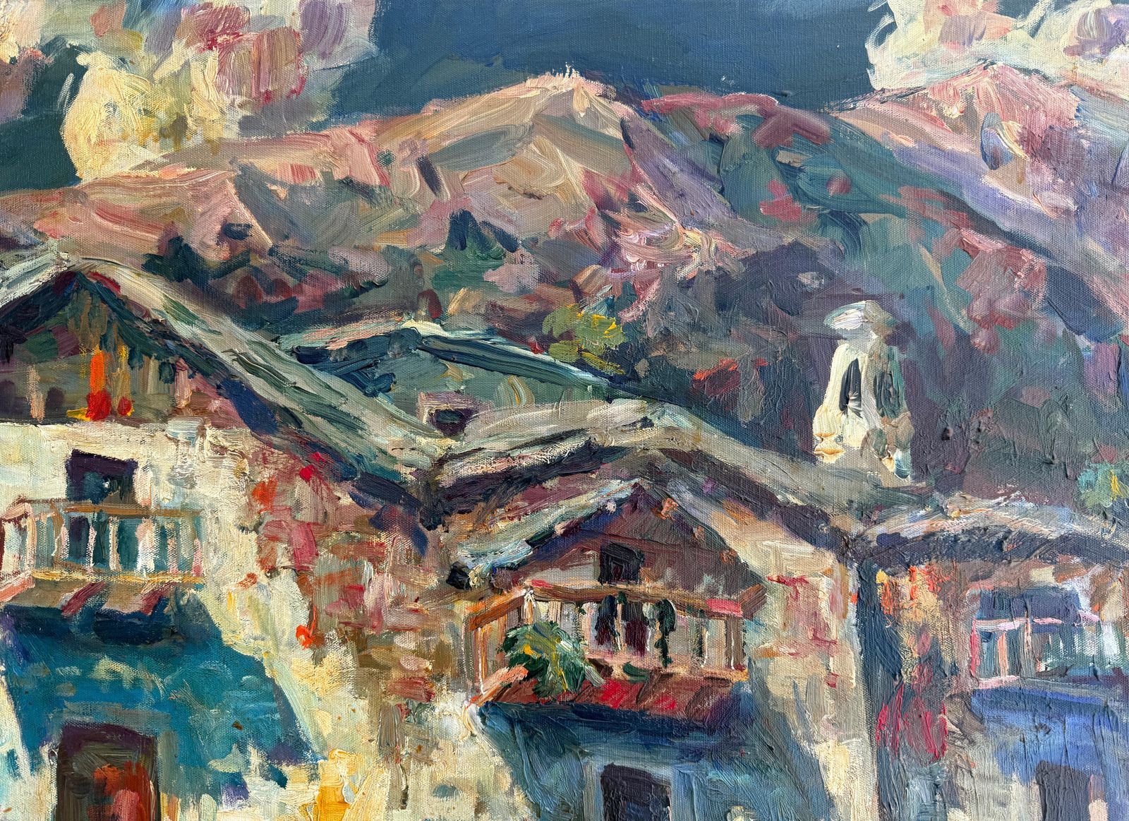 Salvador Pérez Bassols Large Impressionist Pyrenees Village Landscape, Vielha Aran Valley Oil Painting photo vinterior