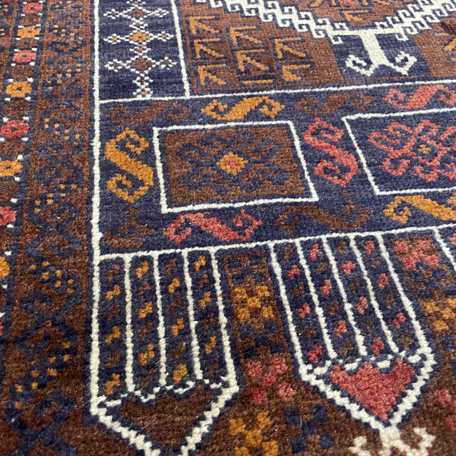 Antique Woven Rug Carpet Mat Rectangle Wool Vintage Pattern Woven Floor Hand Knotted Textile Patterned Pattern 154x79cm Earthy Brown Balouch photo vinterior