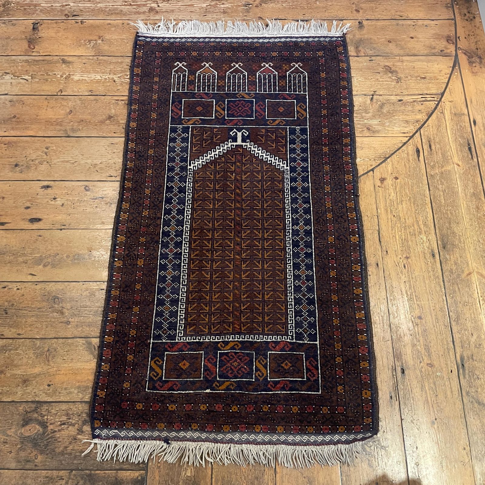 Antique Woven Rug Carpet Mat Rectangle Wool Vintage Pattern Woven Floor Hand Knotted Textile Patterned Pattern 154x79cm Earthy Brown Balouch photo vintage