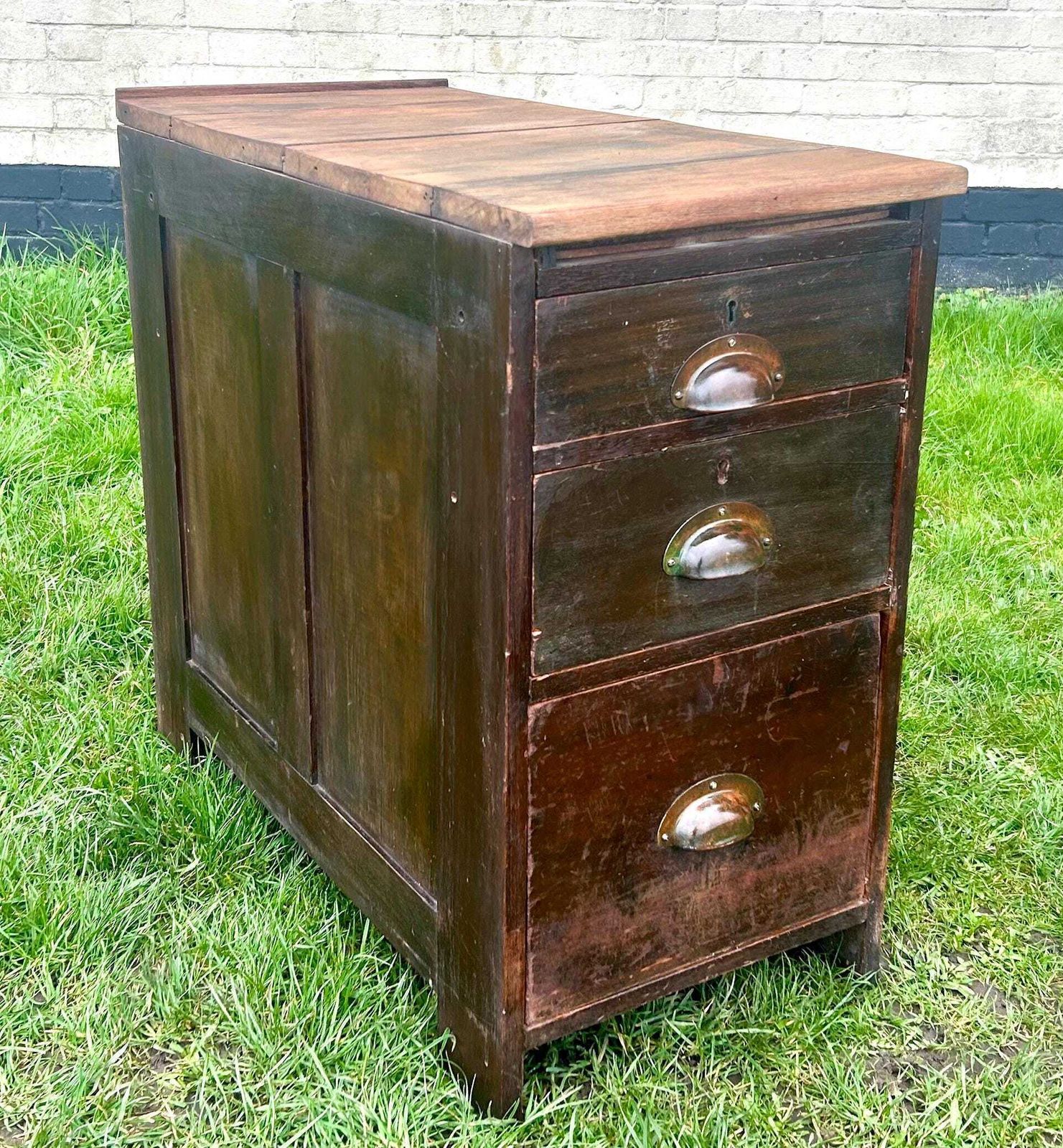 1940s Three Drawer Oak Filing Cabinet Bedside Wooden Desk Industrial Antique Vintage Haberdashery Library Office
