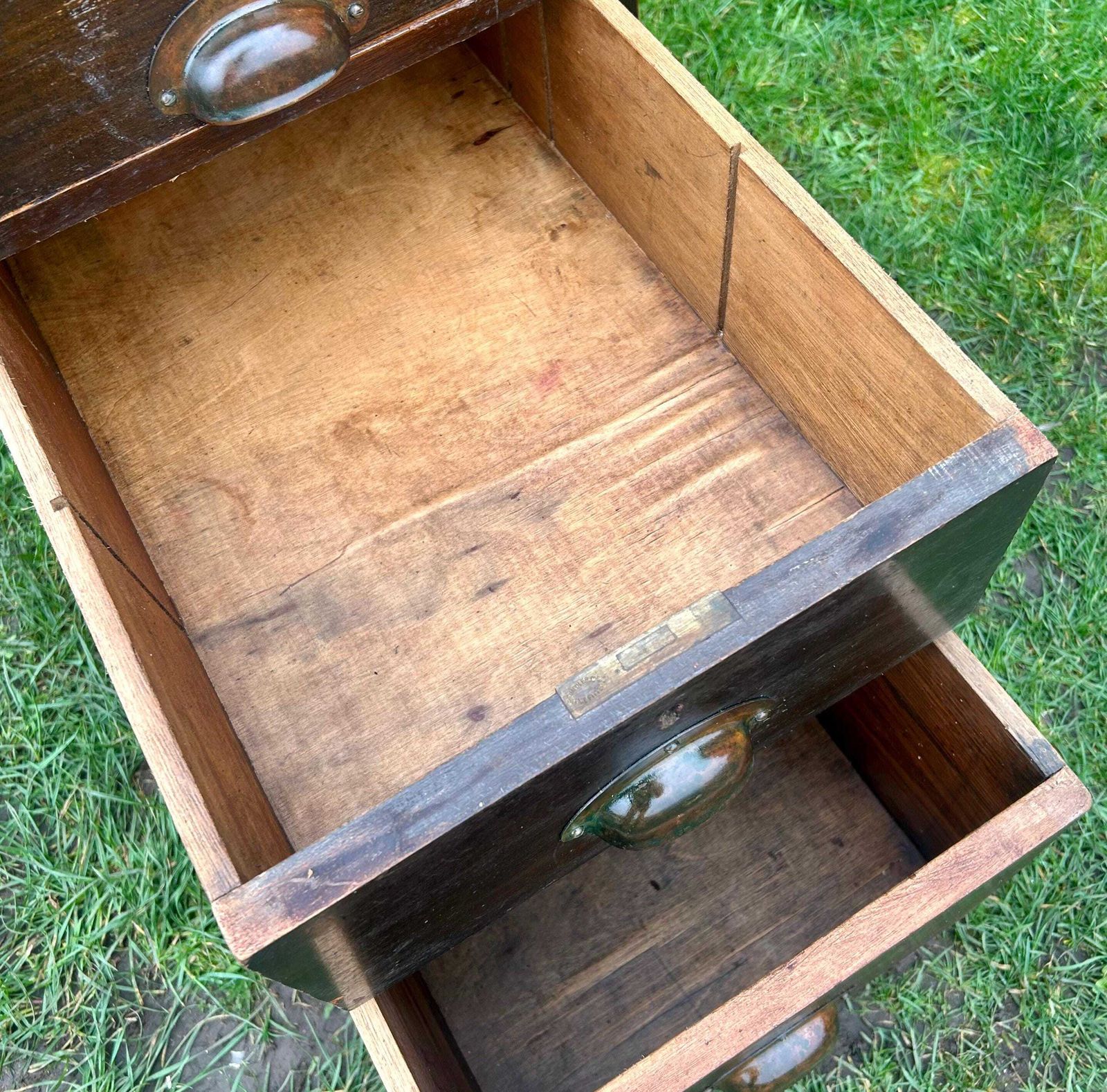 1940s Three Drawer Oak Filing Cabinet Bedside Wooden Desk Industrial Antique Vintage Haberdashery Library Office photo 275.0