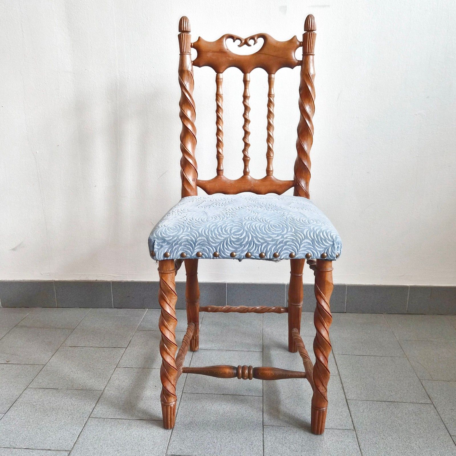 Vintage 1950s Handmade Wooden Carving & Velvet Chair 50s Folk Art