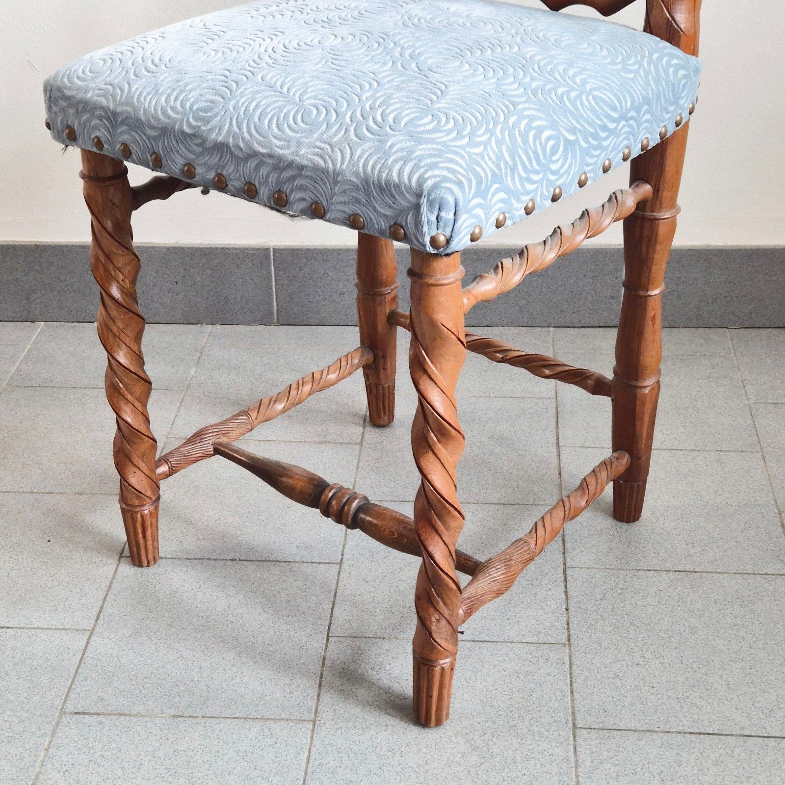 Vintage 1950s Handmade Wooden Carving & Velvet Chair 50s Folk Art photo vinterior