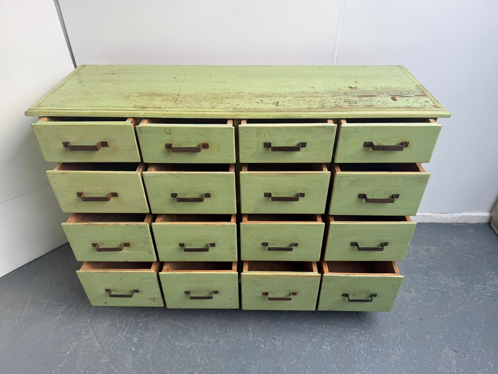 photo furniture A Lovely Original Antique  Pine Painted Light Green 16 Drawer Shop Fitting