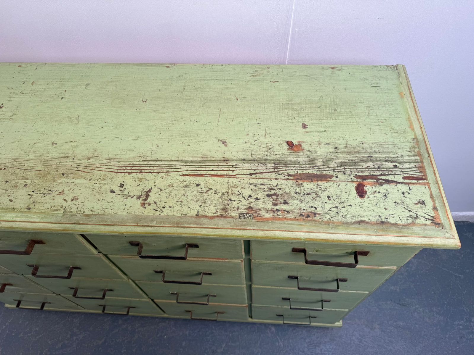 photo for sale A Lovely Original Antique  Pine Painted Light Green 16 Drawer Shop Fitting