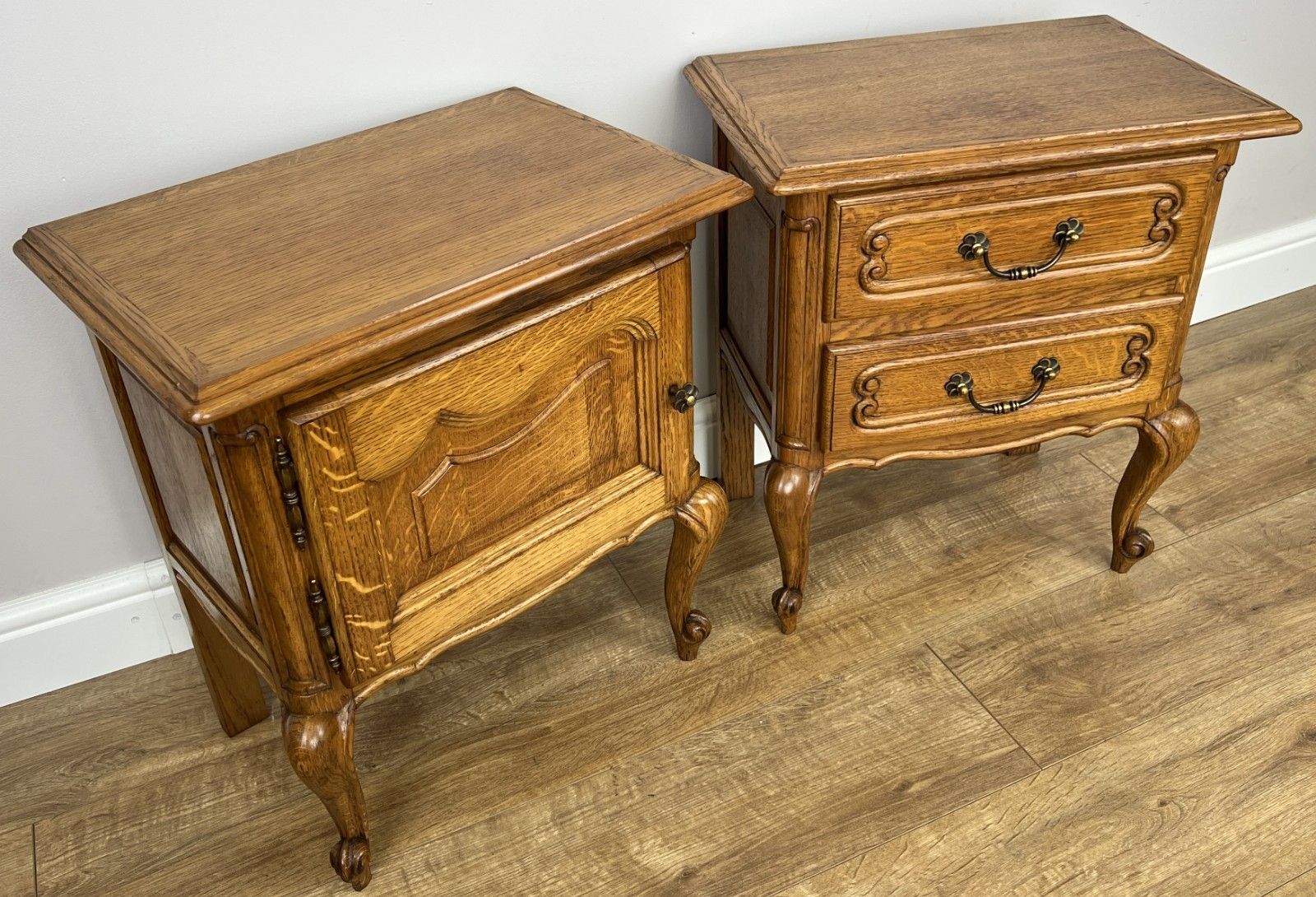 Pair Of  Bedside Tables Vintage French Louis Oak Nightstands Cabinets Lot 4911 photo for sale