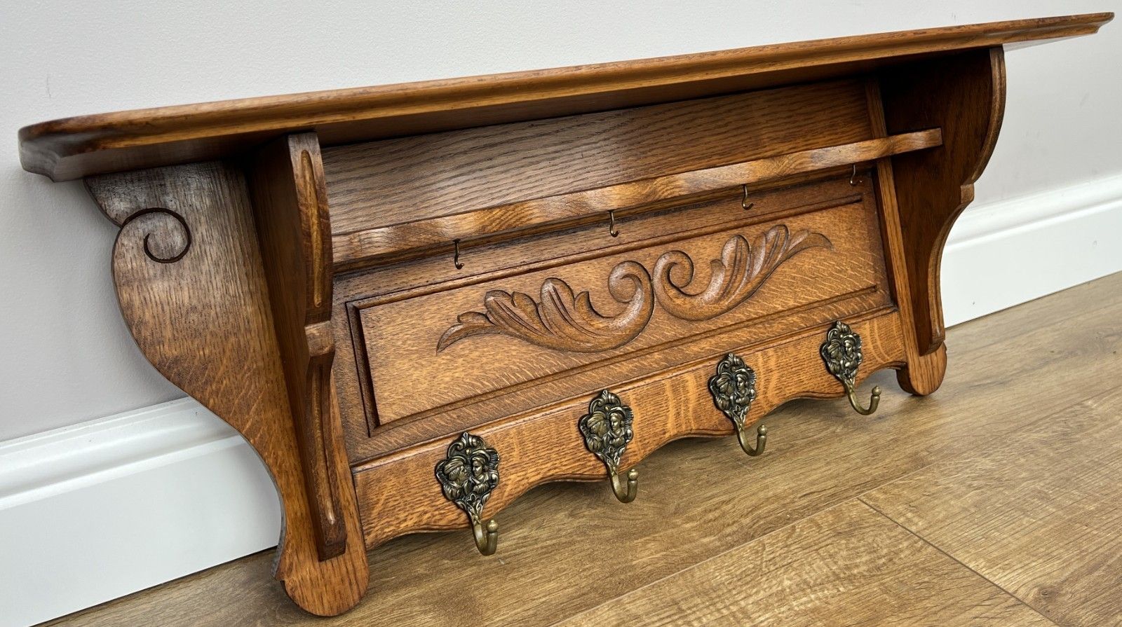 French Vintage Coat Rack Oak 4 Hooks Wall Shelf Carved Coat Hanger Lot 4907