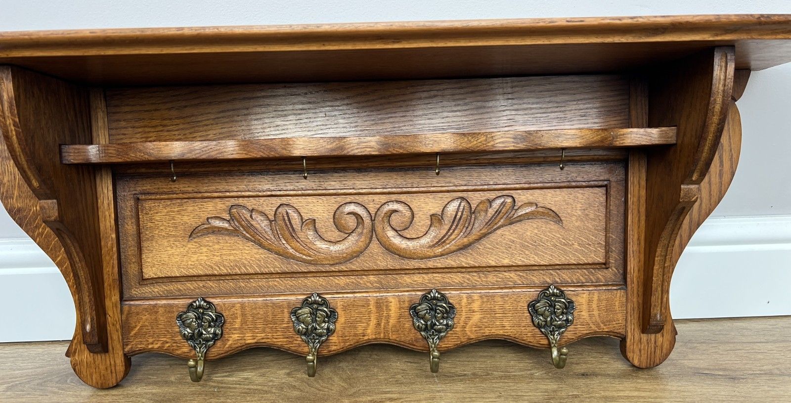 French Vintage Coat Rack Oak 4 Hooks Wall Shelf Carved Coat Hanger Lot 4907 photo buy
