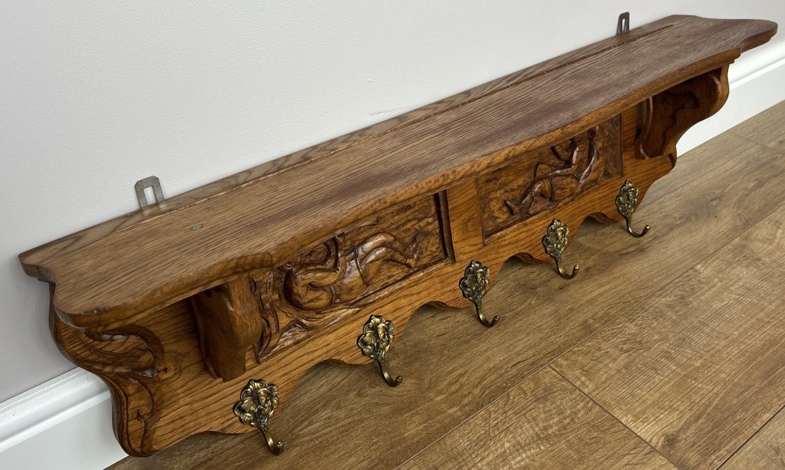 French Vintage Coat Rack Oak 5 Hooks Wall Shelf Carved Coat Hanger Lot 4904 photo for sale