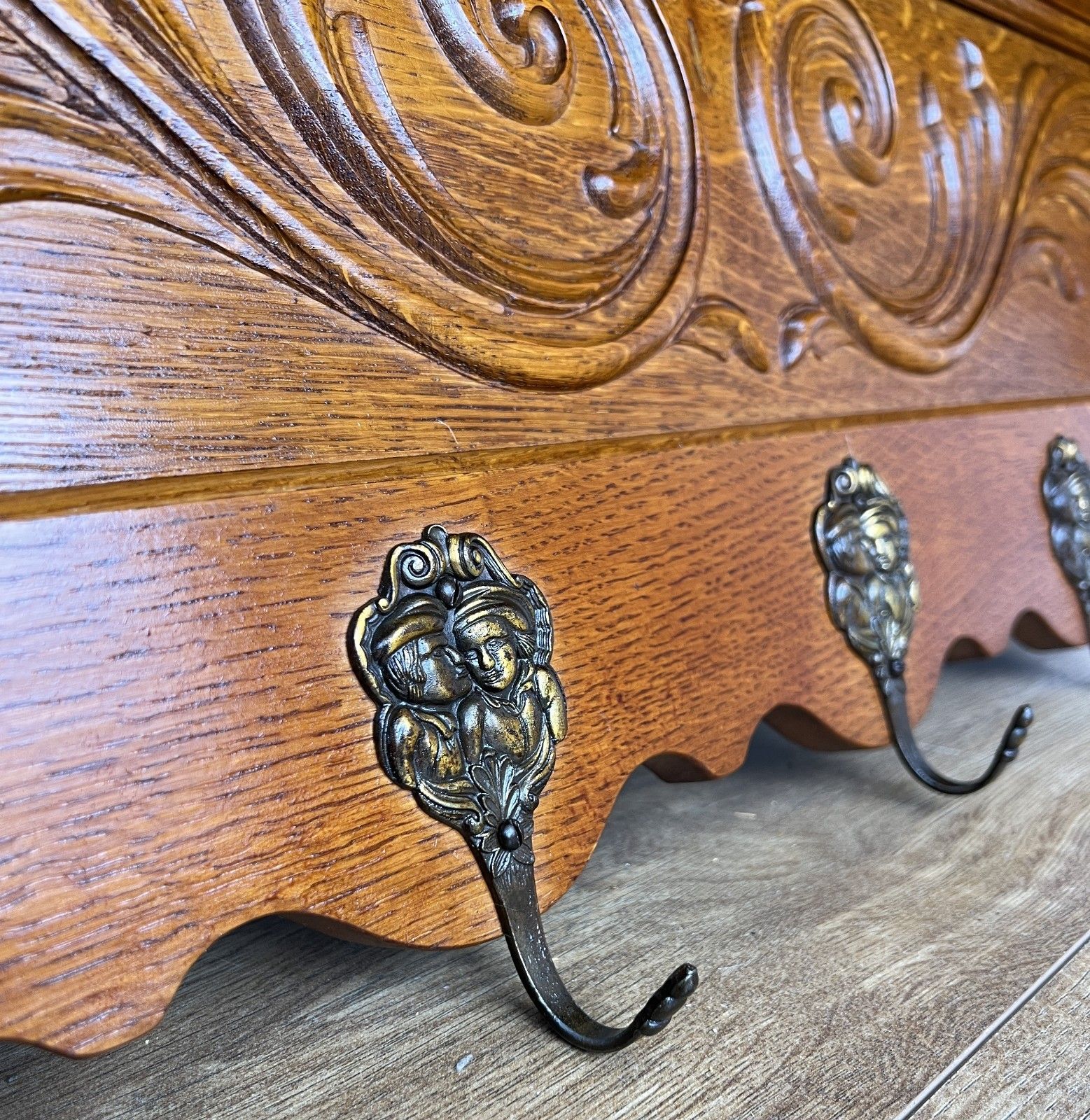French Vintage Coat Rack Oak 7 Hooks Wall Shelf Carved Coat Hanger Lot 4903 photo vinterior